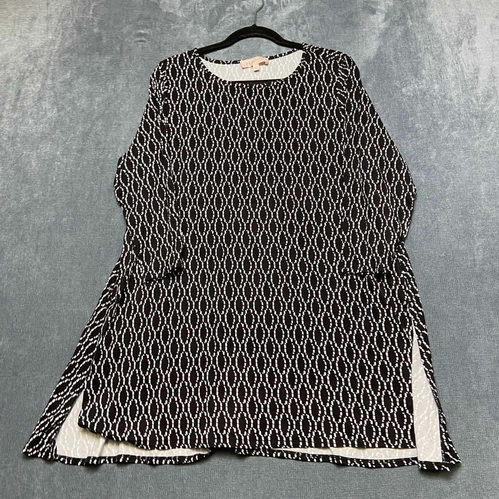 Philosophy Republic Tunic Top Women 1X Black White Geometric Stretch 3/4 Sleeves